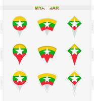 Myanmar flag, set of location pin icons of Myanmar flag. vector