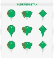 Turkmenistan flag, set of location pin icons of Turkmenistan flag. vector