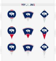 Wyoming flag, set of location pin icons of Wyoming flag. vector