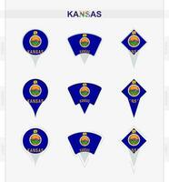 Kansas flag, set of location pin icons of Kansas flag. vector