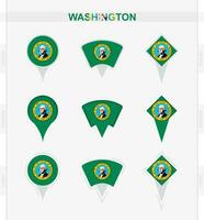 Washington bandera, conjunto de ubicación alfiler íconos de Washington bandera. vector