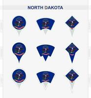 North Dakota flag, set of location pin icons of North Dakota flag. vector