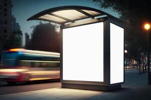 content, Blank white mock up of vertical light box in a bus stop at night photo