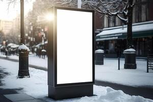 content, mockup, vertical glowing advertising banner on city street in winter. photo