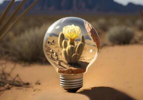 generativo ai contenido, ligero bulbo con un cactus dentro en el antecedentes de el desierto. tierra día, proteccion y conservación de energía. foto