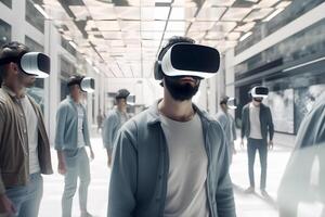 content, VR People, people wearing virtual glasses in a large room like a hangar, playing a virtual game. content, photo