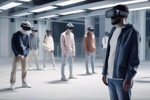 content, VR People, people wearing virtual glasses in a large room like a hangar, playing a virtual game. content, photo