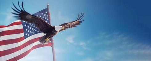 generativo ai contenido, largo bandera con Copiar espacio. águila con americano bandera volador gratis. julio 4to, independencia día foto