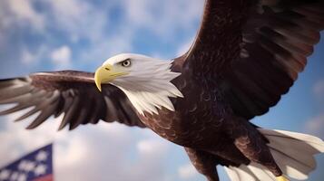 content, Eagle with American flag flying free. July 4th, independence day. Veterans Day, national flag day. photo