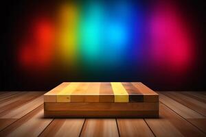 Blank wooden table isolated on colorful lighting background. photo