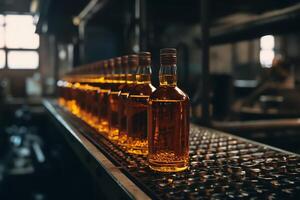 A bottle of amber with whiskey surrounded by other bottles on the factory conveyor. photo