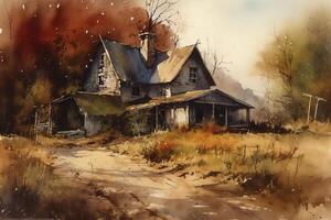 Old barn cottage watercolor painting. photo