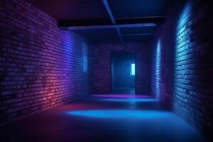 Neon retro brick walls club mist dark foggy empty hallway corridor room garage studio dance glowing blue purple spot lights concrete floor 3d rendering. photo