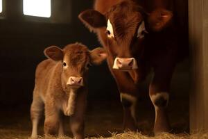 Here d cow with calf in a barn. photo