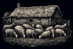 Sheepfold barn farm animals engraving raster illustration sketch scratch board imitation. photo