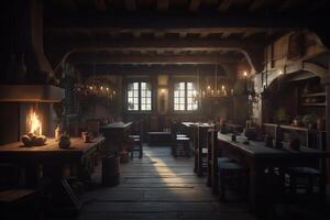 Dark moody medieval tavern inn interior with food and drink on tables burning open fireplace candles and daylight through a window 3d illustration. photo