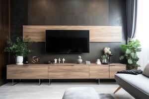 gabinete televisión en moderno vivo habitación con decoración en de madera pared antecedentes. ai generado foto