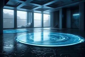 Futuristic room with water on the floor. photo