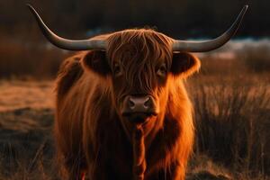 Portrait of a brown scottish highland cattle cow with long horns in nature. photo