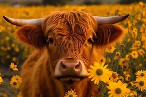 Highland cow face with many various sunflowers. AI Generated photo