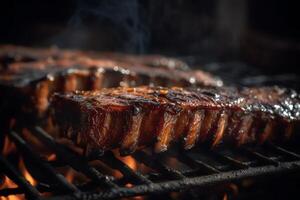Bbq ribs grilled ribs on grill grate with fire closeup view summer picnic outdoors technology. AI Generated photo