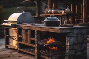 Outdoor kitchen with beautiful cooking grill with burning fire. photo