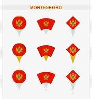 Montenegro flag, set of location pin icons of Montenegro flag. vector