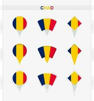 Chad bandera, conjunto de ubicación alfiler íconos de Chad bandera. vector