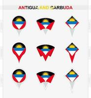 antigua y barbuda bandera, conjunto de ubicación alfiler íconos de antigua y barbuda bandera. vector