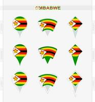 Zimbabue bandera, conjunto de ubicación alfiler íconos de Zimbabue bandera. vector