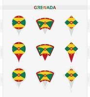 Grenada flag, set of location pin icons of Grenada flag. vector