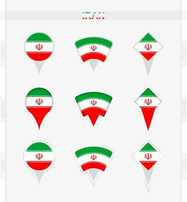 Iran flag, set of location pin icons of Iran flag.