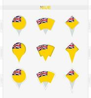 Niue flag, set of location pin icons of Niue flag. vector