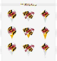 Maryland bandera, conjunto de ubicación alfiler íconos de Maryland bandera. vector