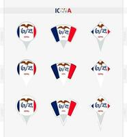 Iowa flag, set of location pin icons of Iowa flag. vector