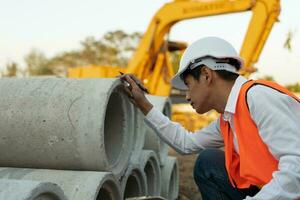 inspector o ingeniero está inspeccionando la casa de construcción usando una lista de verificación. ingenieros y arquitectos o contratistas cuentan materiales para la construccion. edificio, cheque, casa de seguros, calidad, capataz. foto