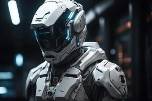 soldado en futurista espacio armadura Ciencias ficción blanco armadura dentro el astronave 3d prestar. ai generado foto