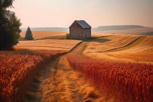 hermosa paisaje escena de un granja rojo granero siguiente a campos de trigo. ai generado foto