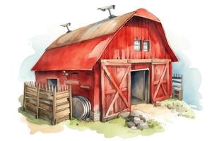 Cute cartoon hay barn or cowshed in red color isolated on white background watercolour postcard texture book wallpaper print graphic resources calendar. photo