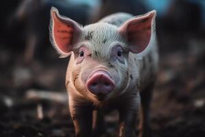 Piglet with pink ears on pig farm raising pigs. AI Generated photo