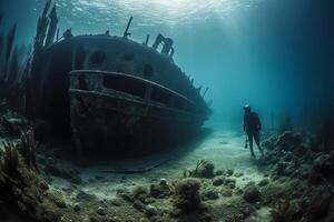 Scuba divers exploring a sunken shipwreck underwater mysteries high quality. photo