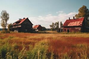 Village barn and abandoned farm houses made of red wood in field. photo