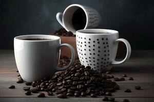 un grupo de café tazas con café frijoles en el fondo y un taza con café frijoles en el fondo y un taza con café frijoles en el medio. ai generado foto