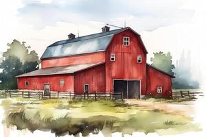 Traditional vintage red farm barn original simple watercolor backdrop illustration of agricultural building in the meadow. photo