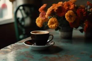 Cup of coffee sits on table next to flowers. photo