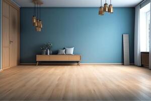 Modern interior empty room scandinavian style wood flooring and blue wall 3d rendering. photo