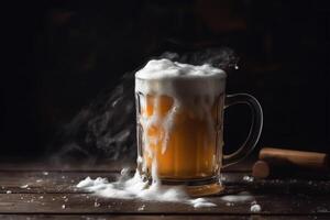 Cold mug with beer with overflowing foam on wooden table and dark background. photo