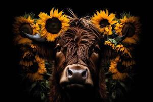 Highland cow face with many various sunflowers. photo