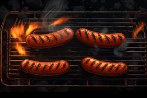 Sausages on a grill grilled sausage on the flame grill illustration. photo