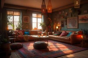 3d representación de un bohemio estilo vivo habitación. ai generado foto